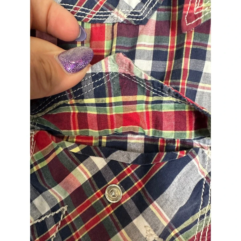 True Religion Western Shirt Mens XXXL Blue Red Plaid Pearl Snap Stitch